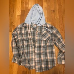 blue and pink flannel with hood